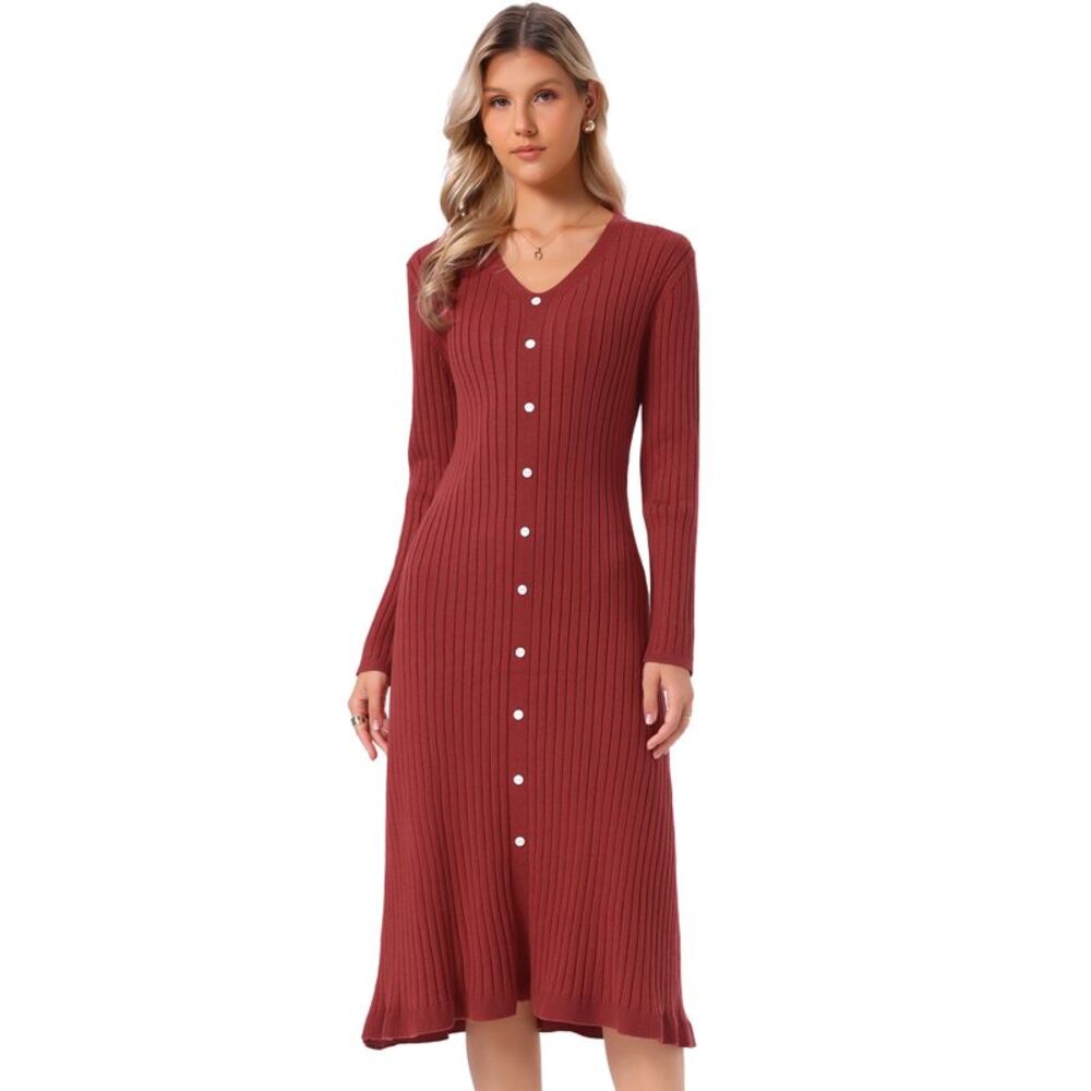 Women Long Sleeve Button Midi Dresses Pleated Sweater Dress Red